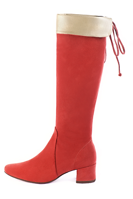 Scarlet red and gold women's knee-high boots, with laces at the back. Round toe. Low flare heels. Made to measure. Profile view - Florence KOOIJMAN
